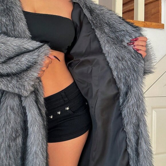 Dark Grey Fluffy Women's Plus Size Long Sleeve Hooded Furry Coat - Picture 8 of 8